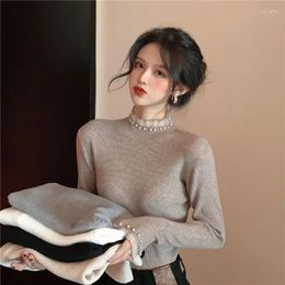 Women's Sweaters Design Sense Lace Splice Pearl Half High Neck Long Sleeve Bottom Sweater Women 2024 Spring Slim Temperament Gentle Base Top