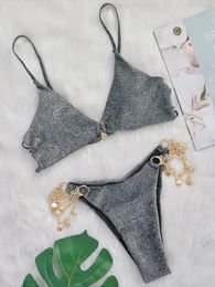 Shiny Grey Bikini Set Women In Luxury Cut Out Rhinestones Thong Swimsuit Beach Bathing Suit Mini Micro Swimwear Biquini 240108