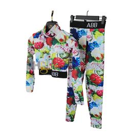 Floral Print Sport Top Women High Elastic Leggings Slim Fit Yoga Outfit Half Zip T Shirt Woman Tight Pants