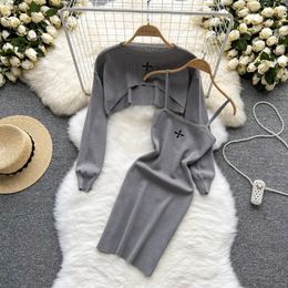 Casual Dresses Embroidary Cross Knitted Dress Women Set Y2k Harajuku Long Sleeves Cropped Top Spaghetti Straps Bodycon Mini Two Piece