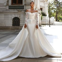Fabulous Mermaid Lace Wedding Dresses Off The Shoulder Neckline Bridal Gowns With Detachable Train Pleated Satin Vestido De Novia 415