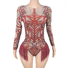 Stage Wear Singer Dancer Performance Costume Sparkly Rhinestones Fringes Dance Leotard Sexy Mesh Perspective Tassel Bodysuit