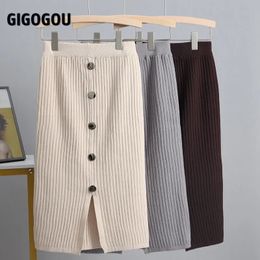 GIGOGOU Women Knitted Skirt Spring Autun Button Sexy Slim Bodycon Skirts Elastic High Waist Pencil Skirt Ribbed Long MIDI Skirt 240108
