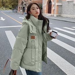 Women's Trench Coats 2024 Autumn Winter Women Loose Fit Regular Parkas Korean Splice Warm Stand Collar Hooded Zipper Thick Full Sleeve Solid