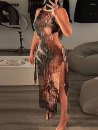 Casual Dresses XIKTOP Tie Dye Maxi Dress Women Sexy Hollow Sleeveless Robe Fashion Rippped Fringe Side Slit Bodycon Party Elegant Slim