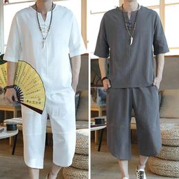 Men's Tracksuits 1 Set Cozy Male Outfit Half Sleeves Streetwear Cotton Blend T-shirt Pants Suit Men Summer