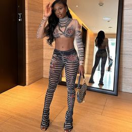 2024 Designer Sexy Tracksuits Women Printing Two Piece Sets Long Sleeve Shirt Crop Top and Flare Pants See Through Clothes Outfits Clubwear Wholesale Clothes 10503