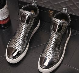 Winter High Tops For Men black silver Everyday All Match Patent Leather Casual Shoes Male Flats Loafers Sports