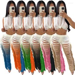 Women's Two Piece Pants Summer Beach Tassel Knitted 2 Sets Women Hollow Out Sleeveless Vest Crop Tops Changing Color Fringed Holiday Suits