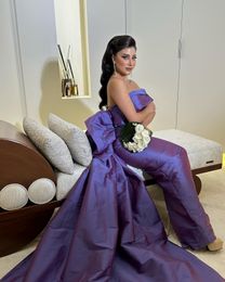 Classic Long Purple Evening Dresses One Shoulder Taffeta Sleeveless Mermaid Floor Length Sweep Train Formal Occasion Dress