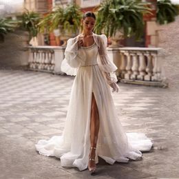 Glitter Thigh High Split Wedding Dresses with Jacket A Line Crystal Neck Bridal Gown Watteau Train For Bride