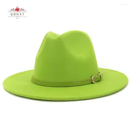 Berets Fashion Lime Green Belt Buckle Decor Artificial Wool Felt Jazz Fedora Hats Women Men Flat Large Brim Panama Cowboy Cap L XL