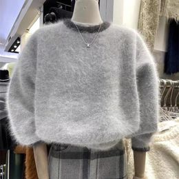Women's Sweaters 2024 Korean Autumn Winter Gray Mohair Knitted Loose Jumpers For Women O Neck Long Sleeve Mink Cashmere Soft Warm