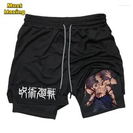 Men's Shorts Anime Jujutsu Kaisen Yuji 2 In 1 Compression For Men Gym Workout Fitness Athletic Performance With Towel Loop