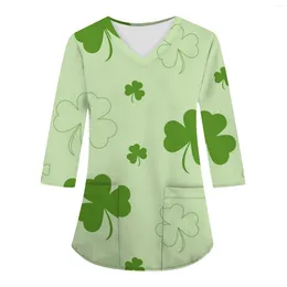 Women's T Shirts Women Uniform 3/4 Sleeve Blouse St. Parklett's Day Clovers Print Scrub Tops Pet Groming Veterinaria Working Clothes