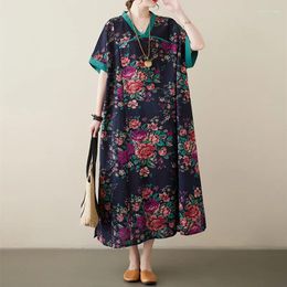 Party Dresses 2024 Arrival Cotton Blend Print Floral V-neck Vintage Chinese Style Hanfu Loose Summer Dress Women Travel Casual Long