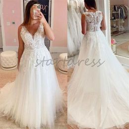 Beautiful Lace Boho Wedding Dress 2024 Plus Size Tank V Neck A Line Bohemian Bride Dress Elegant Tulle Country Beach Bridal Gowns Gorgeous Vestios De Novias Mariage