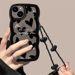 Cell Phone Cases Korean Cute Wave Black Butterfly Love Heart Hang Chain Soft Case For iPhone 15 14 Pro Max 12 13 11 X XS XR 7 8 Plus Clear CoverL240105