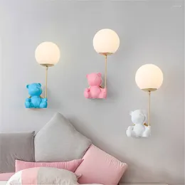 Wall Lamp Nordic Cartoon Resin Bear Glass Ball Led For Children Bedroom Bedside El Aisle Stairs Home Deco Night Light Fixture