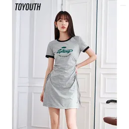 Party Dresses Toyouth Women Dress 2024 Summer Short Sleeve O Neck A-shape Drawstring Waist Vintage Letter Print Gray Y2K Chic T-shirt Skirt