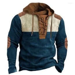 Men's Hoodies Vintage Drawstring Lace-up Mens Sweatshirt 2024 Spring Long Sleeve Corduroy Patchwork Hoodie Streetwear Men Fashion Tops