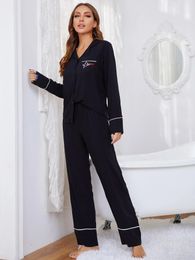 Autumn Letter Print Pyjamas Set Women's Long Sleeves Solid Black Sleepwear Soft Button Down Loungewear Pjs Set Nightwear S-XL 240108