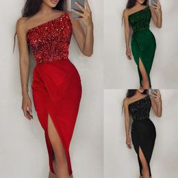 Sexy Women Dress Sequins Glitter Sparkle Sexy Slash Neck Tobe Top Sequins Sleeveless Midi Evening Party Wrap Hip Package Dress 240108