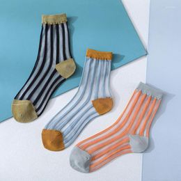 Women Socks Fashion Striped Jacquard Crystal Transparent Summer Japanese Ultra-thin Cool Short Silk Girls Skarpetki