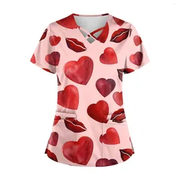 Women's T Shirts Valentine's Day Printing Uniform Work V-Neck Pocket Protective Youthful Woman Clothes Roupas Femini