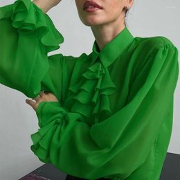 Women's Blouses Korean Ruffles Green Chiffon Blouse Woman Elegant Vintage Fashion Long Sleeve Shirt Women Tops Loose Shirts Clothes Blusas