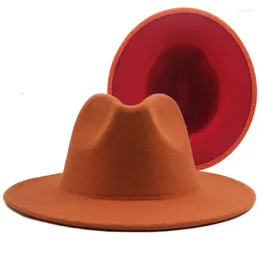 Berets ORANGE Simple Outer Inner Red Wool Felt Jazz Fedora Hats With Thin Belt Buckle Men Women Wide Brim Panama Trilby Cap 56-58-60CM