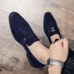 New Suede Loafers Men Flock Business Blue Breathable Slip-on Casual Driving Evening Dress Men's Wedding Shoes