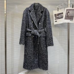Women's Trench Coats SuperAen Winter 2024 Niche Tweed Fabric Belt Long Padded Windbreaker Coat For Women