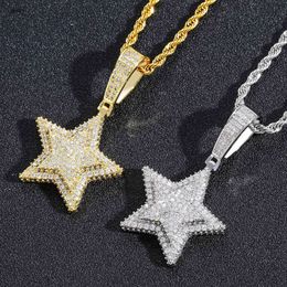 High Quality Fashion Punk Jewellery Full Zircon Solid Double Layered Five Pointed Star Pendant Necklace for Men and Women