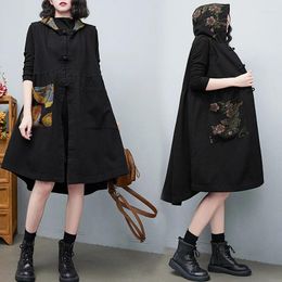 Women's Jackets #1524 Black Loose Denim Coat For Women Sleeveless Hoodies Cowboy Jacket Ladies Vintage China Style Overcoat Big Pocket