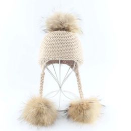 Winter Baby Hat Real Fur Pompoms Skullies Beanies Warm Knitted Hats For Kids Ear Protection Infant Baby Cap 240108