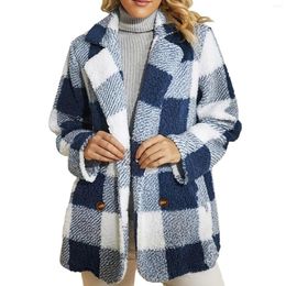 Women's Jackets Turn-Down Collar Woolen Coat Loose Fit Blue And White Plaid Fleece Jacket Warm Long Sleeve Button Down Lamb Wool