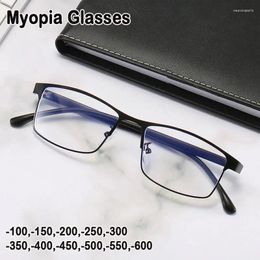 Sunglasses Business Anti-Blue Light Myopia Glasses Finished Men Women Metal Rectangular Prescription Eyeglasses Diopter 0 -0.5 To -6.0