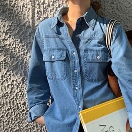 Washed Denim Shirt for Women in Early Spring 2022, New Korean Version Loose Long Sleeved Shirt Jacket, Slimming Pure Cotton Top