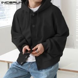 Men Hoodies Solid Color Hooded Long Sleeve Pockets Button Sweatshirts Men Streetwear Korean Casual Outerwear S-5XL INCERUN 240108