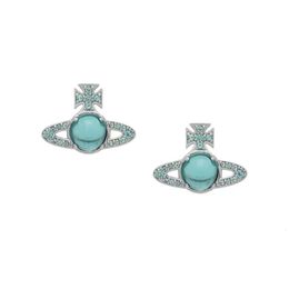 Desginer Viviene Westwoods 23 Spring/summer New Western Empress Dowager Blue Green Transit Beads Saturn Earrings Female Light Luxury Diamond Blue Planet