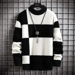 Men's Sweaters Warm Autumn Winter Men Casual Patchwork Color Knitted Pullovers Office Male Plaid Round Neck Sweater Man