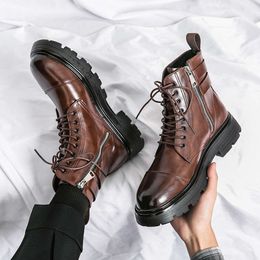New Arrival Genuine Leathers Mens Brown Comfortable Casual Work Boot with Zipper Platform Ankle Boots 2023 Bota Masculina