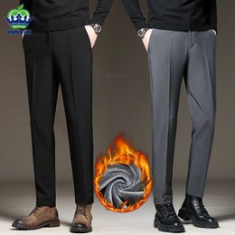 OUSSYU Brand Clothing Winter Fleece Warm Suit Pants Men Elastic Waist Thick Work Flocking Formal Trousers Male Plus Size 40 240108