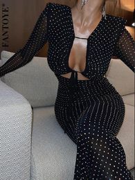 Casual Dresses Fantoye Sexy Hollow Out Sequins Shiny Women Maxi Dress Long Sleeve High Waist Evening Autumn Skinny Elegant Party Clubwear