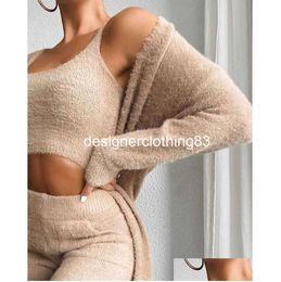 Womens Tracksuits Women 3 Piece Outfits Set Winter Y Fuzzy Fleece Long Cardigan Scoop Neck Crop Tank Top High Waist Pants Loungewear