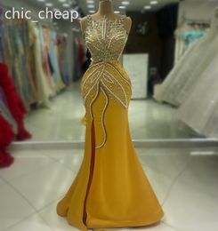 Yellow Mermaid Aso Ebi 2024 Prom Dress Beaded Crystals Pearls Satin Evening Formal Party Second Reception Birthday Engagement Gowns Dresses Robe De Soiree Zj419 es