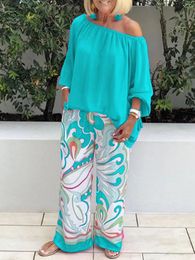 fashion One-shoulder Loose Long Sleeved T Shirt Set Women's Spring Autumn Leisure Printed Wide Leg Trousers Shirt Two Piece 240108