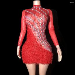 Stage Wear Sparkly Rhinestones Red Mesh Short Dress For Women Sexy Evening Celebrate Birthday Club Outfit Show Poshoot