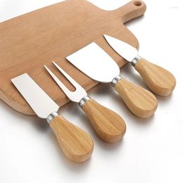 Knives 4 Pcs / Stainless Steel Cheese Knife Bamboo Handle Wooden Pizza Bread Cream Baking Tool Kitchen Accessories Cutter